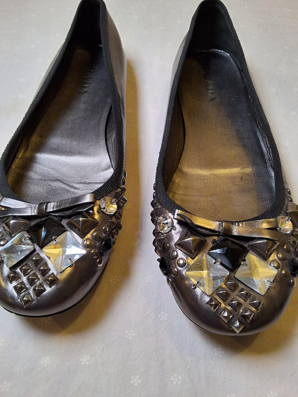 Prada Black Embellished Leather Ballet Flats with Crystal Accents
